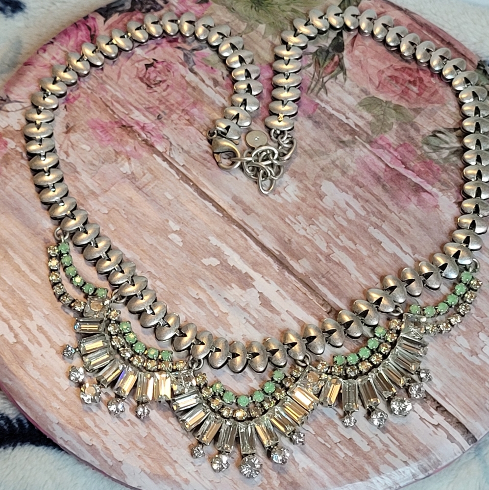 STELLA & DOT Belle Statement Necklace MIB Retired Green Brown Clear CZ